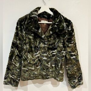 VTG La Maison de la Fausse Fourrure PARIS Faux Fur Jacket Sz XS Green Lined 90s